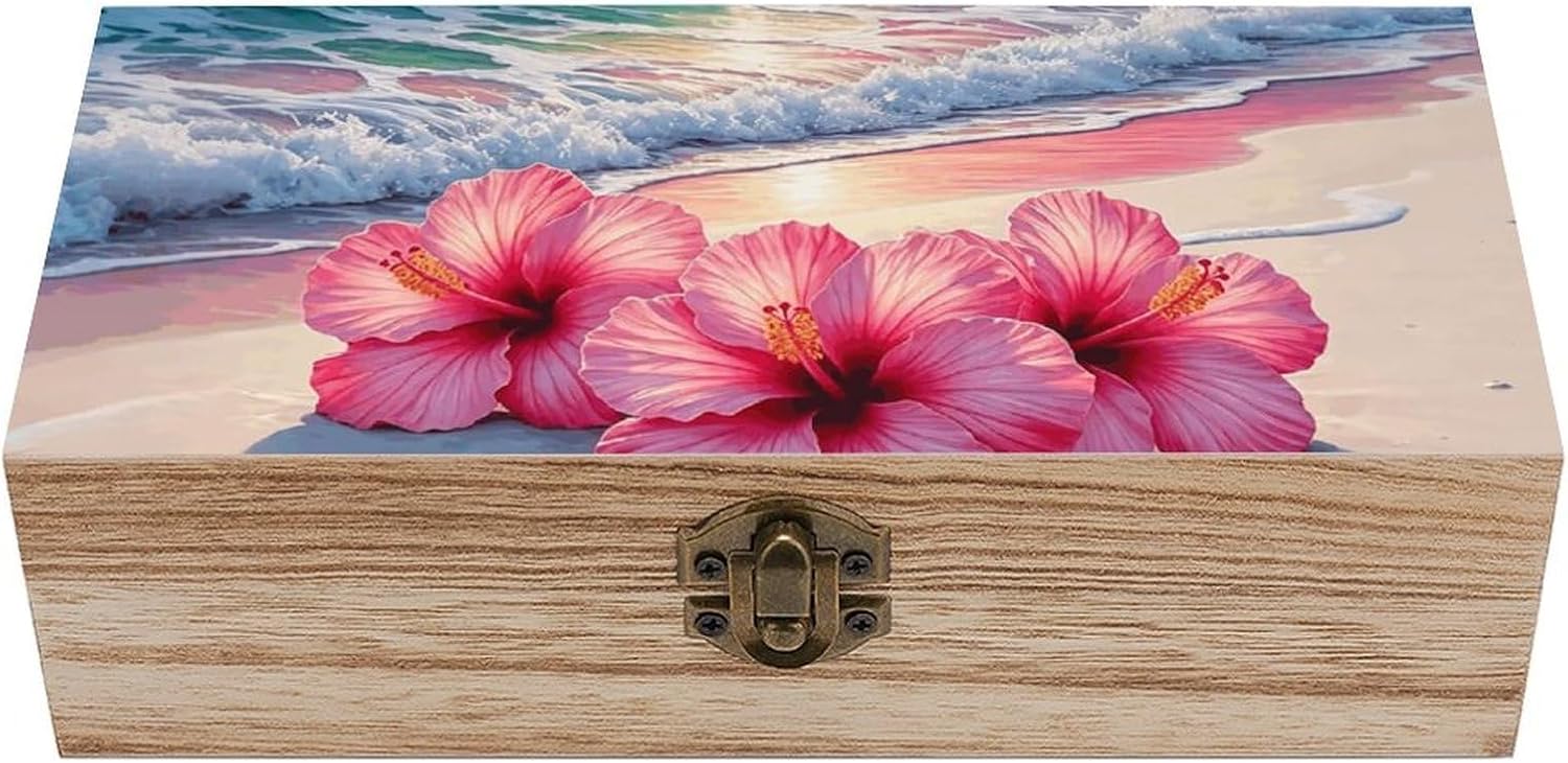 Hibiscus by The Sea Wooden Storage Box with Hinged Lid