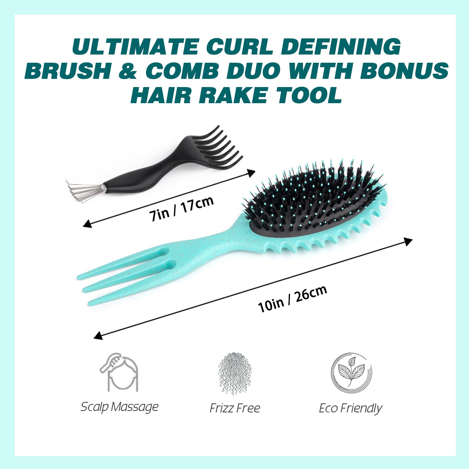 Cepillo de definición de rizos verdes para cabello rizado, cepillo de peinado y desenredante con peine para cabello rizado; incluye herramienta de peinado adicional; fibra vegana y cerdas de jabalí