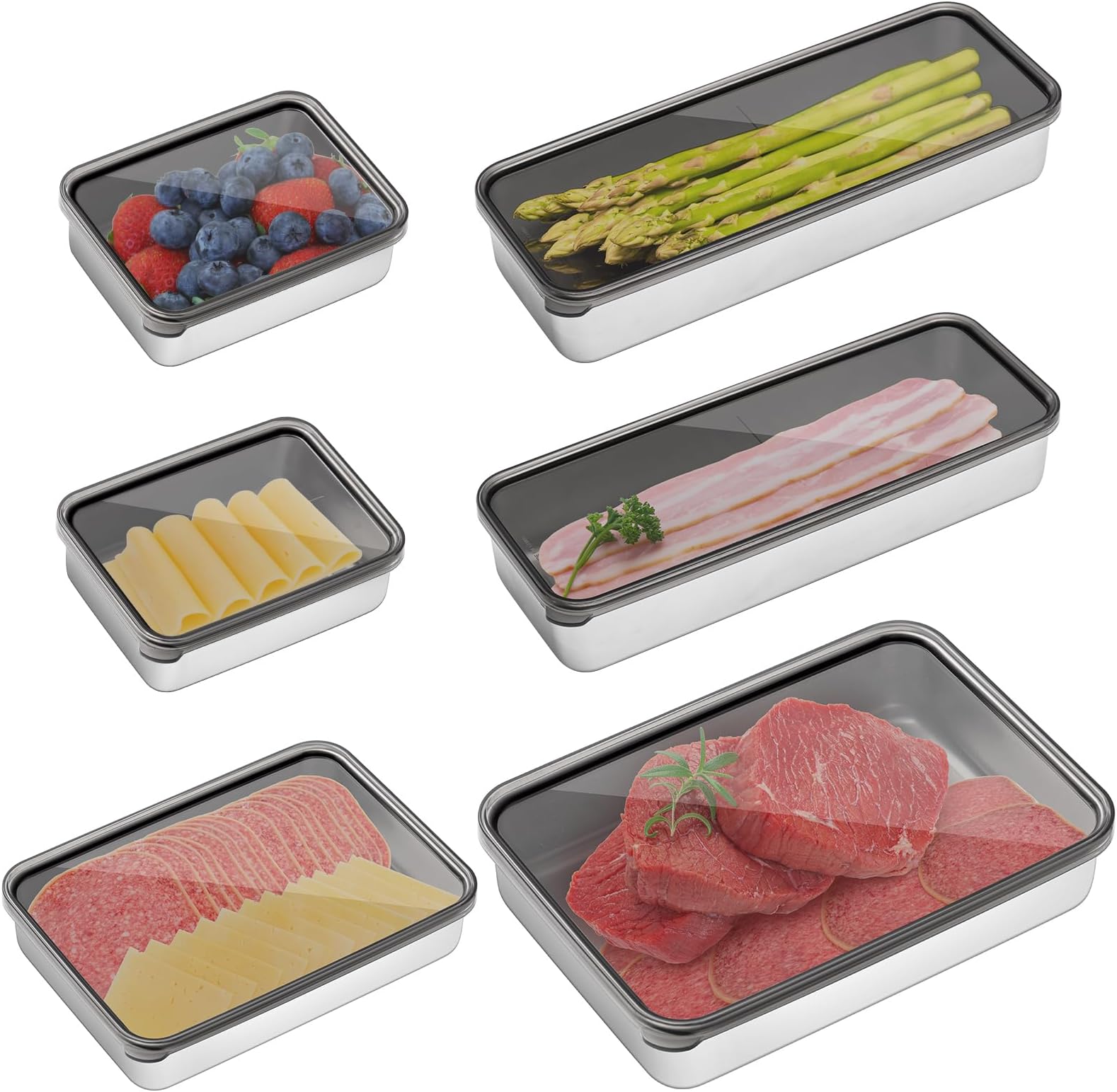 6 Pack Bacon Cheese Container for Refrigerator, Stainless Steel Airtight Deli Meat Container, Dishwasher Safe Fridge Storage Fruit Lunch Storage with Lids for Fridge, 4 Sizes
