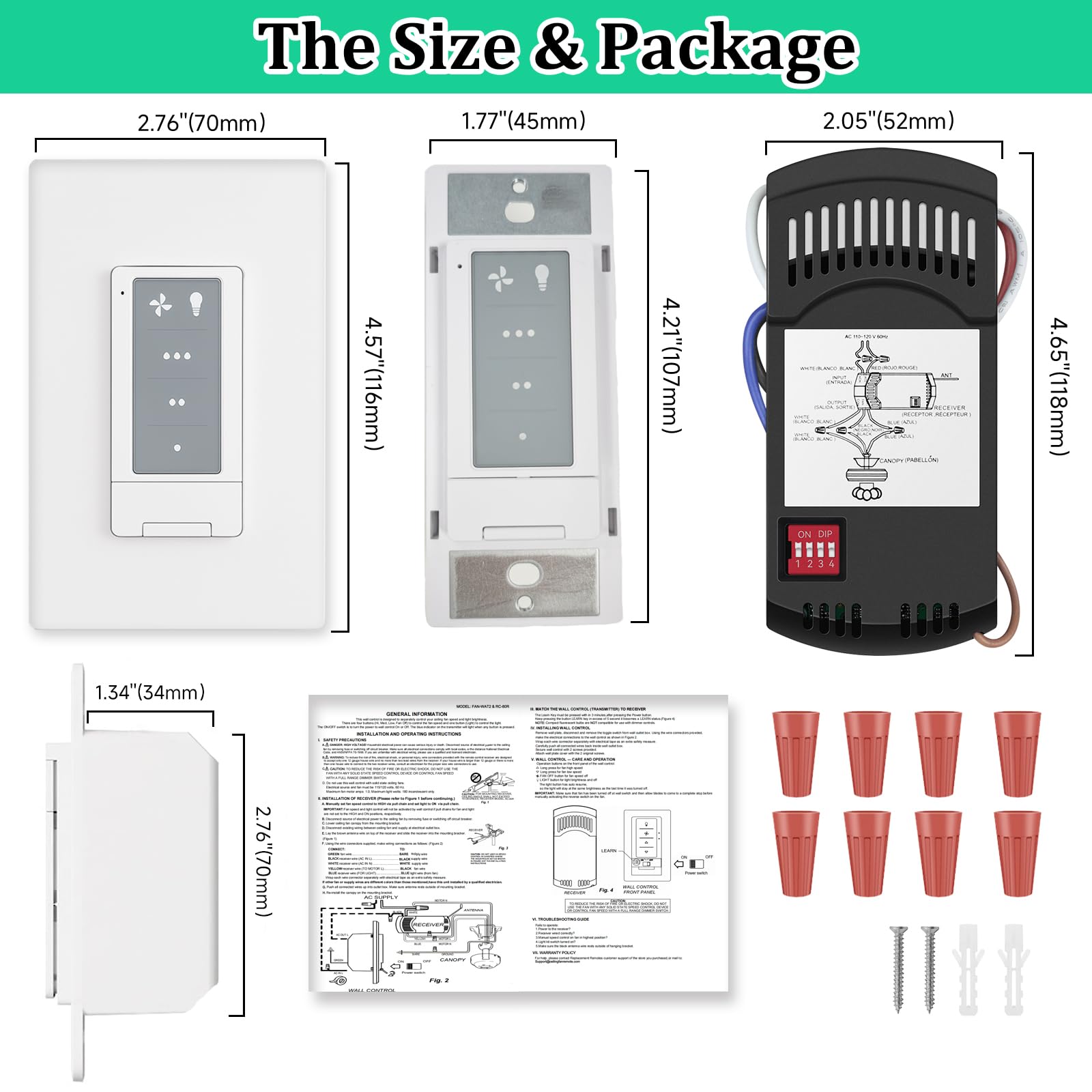 Kit di telecomando universale per ventilatore da soffitto con ricevitore, interruttore della luce a soffitto a 3 velocità, telecomando da parete con dimmer della luce, compatibile con Hampton Bay