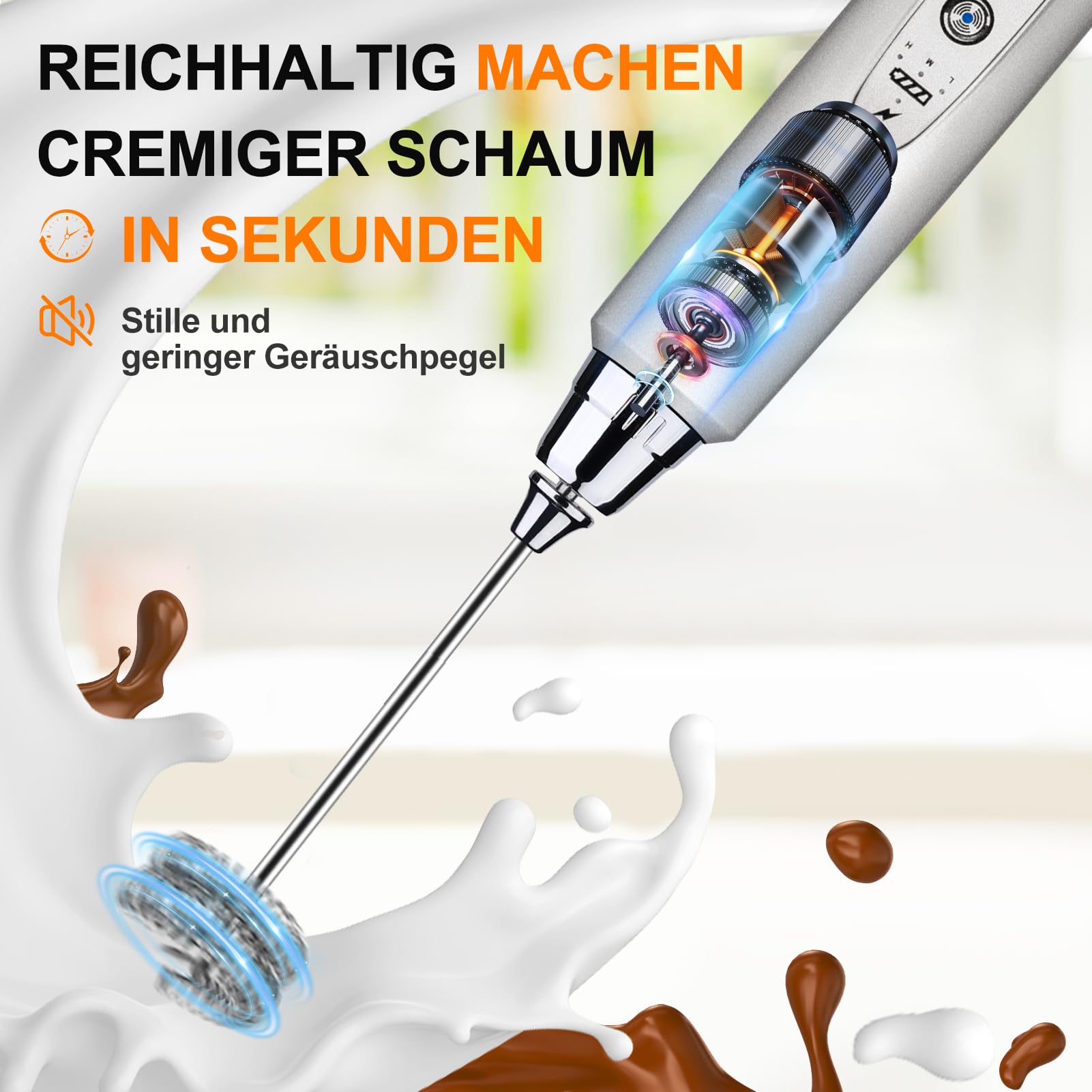 YUSWKO Milchaufschäumer Stab für Kaffee, Usb Wiederaufladbarer Aufschäumer, 3 Schneebesen-Köpfe 3 Geschwindigkeiten, Milchaufschäumer Elektrisch für Milchkaffee, Cappuccino, Getränkepulver
