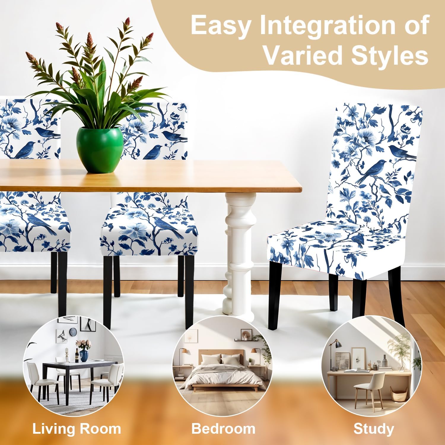 ANNA QUEEN Blue Floral Chair Covers for Dining Room Kitchen Set of 6 – Stretch Washable Slipcovers for Dining Chairs, Elegant Home Decor