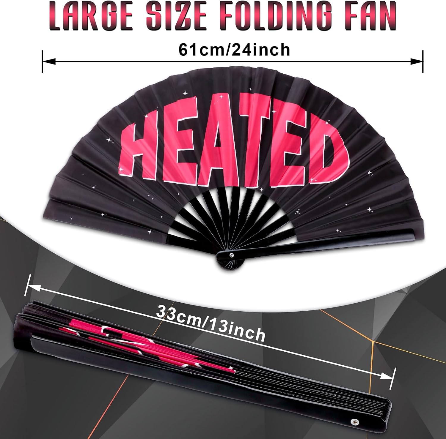 Qyeahkj Large Folding Concert Rave Hand Fan, Heated Foldable Handheld Renaissance Fan, Glitter Clack Bamboo Fans for Women Men Festivals, Raves Iconic Party Decor