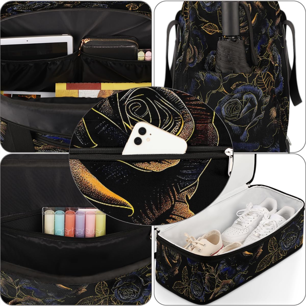 Gold Blue Rose Large Weekender Overnight Bags Travel Duffel Bag for Women Men Gym Bag With Shoe Compartment Foldie Travel Tote Bag Carry On Personal Item Bag for Travel Gym Sports - Image 6