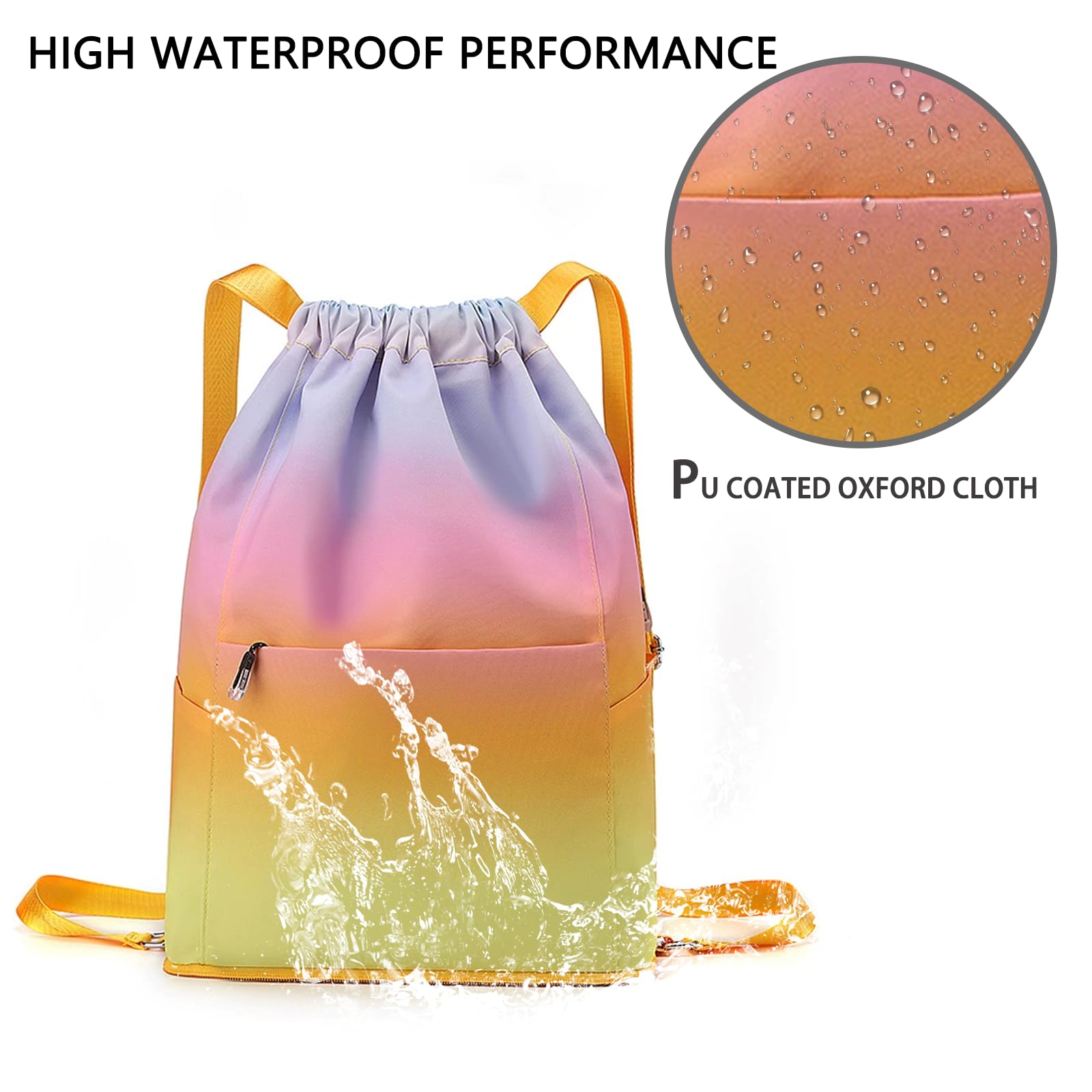 Sac à Dos Cordon Grand Imperméable ， Sac de Sport Femme/Homme Multifonction pour Piscine, Gym, Shopping, Voyage ， Sac à Dos Léger Pliable avec Poches Multiples ， 43x32x16cm