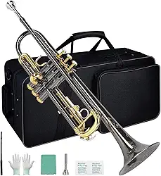 VEDO Kit para iniciantes de trompete em Si bemol, instrumento de sopro de metal para estudantes, estojo rígido, ferramentas de limpeza, bocal 7C e luvas. (Preto e Dourado)