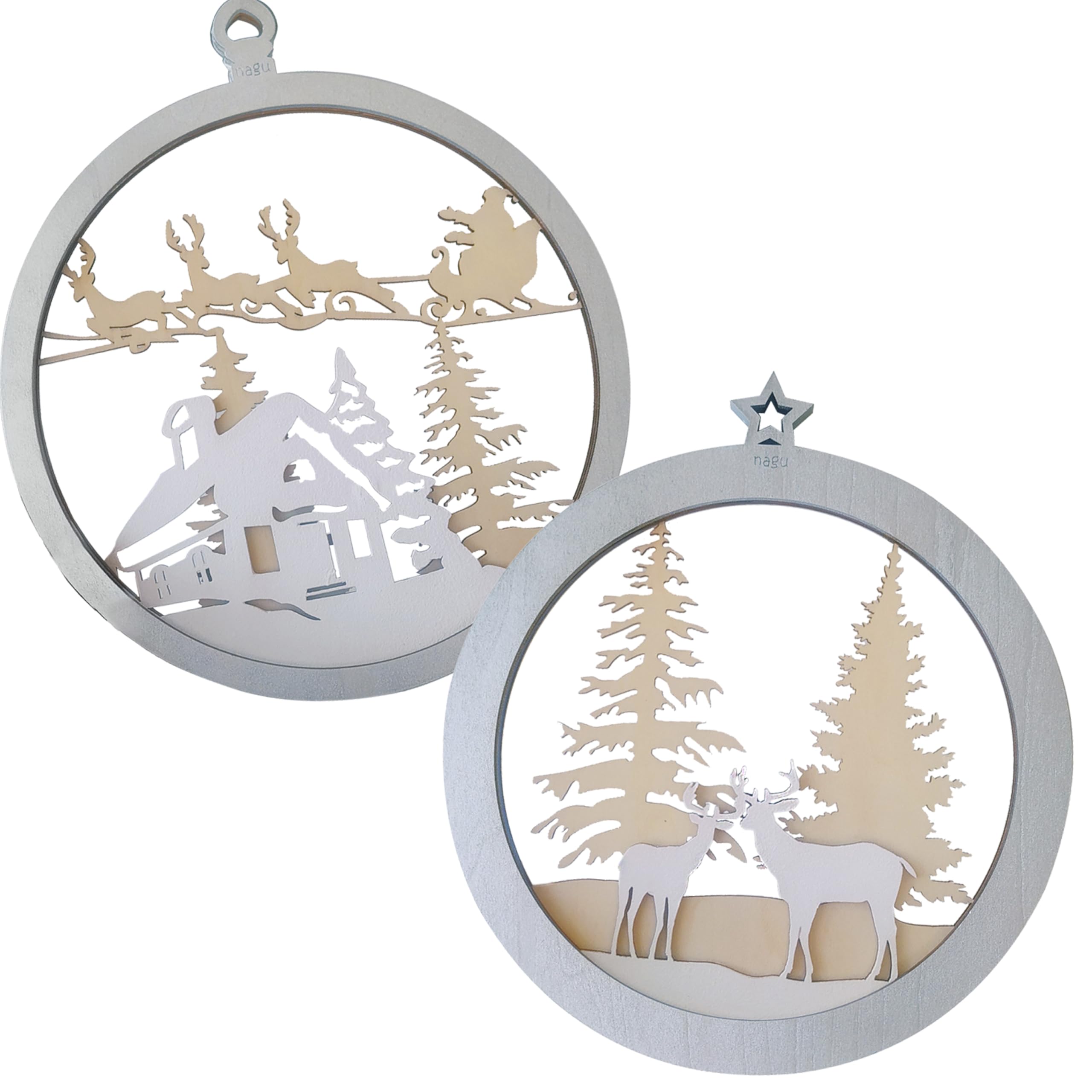 nagu® Adornos Navidad - Set de 2 Bolas Grandes Arbol Navidad 20cm, Diseño 3D Reno y Santa, Navidad Decoración 2024 para Pared o Puerta, Estilo Nórdico, Blanco y Plateado, Hecho a Mano