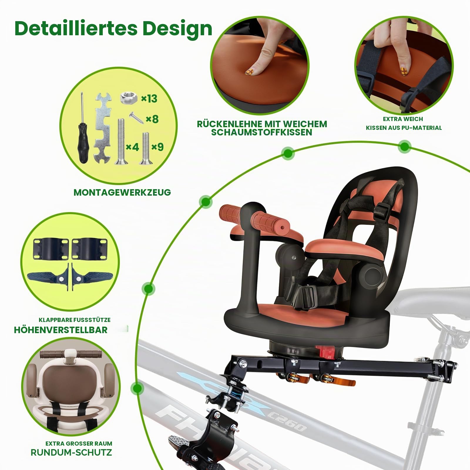 auvstar Kindersitz Fahrrad Vorne,Mountainbike Kindersitz,Sitz Um 360° Schwenkbar,Schnellspanner,Mit Fußstütze,Armlehnen,Gitter,Sicherheitsgurten,Geeignet Für Kinder Im Alter Von 1-3 Jahren (Braun)