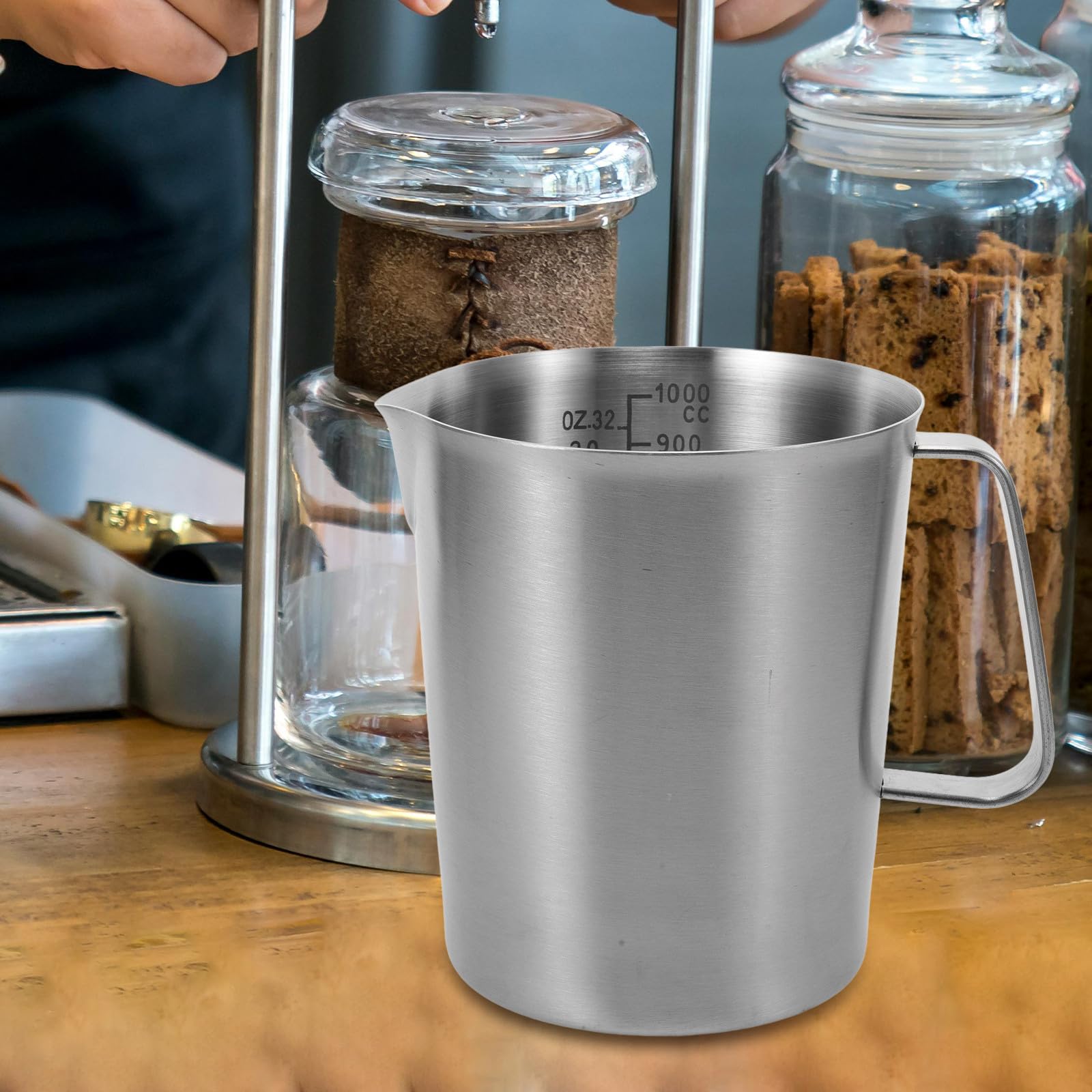 Taza Medidora de Acero Inoxidable Asa 1000 Ml Jarra Espumadora de Leche Escala Medidor para Café y Batidos Adecuado para Uso Doméstico y Cocina Profesional