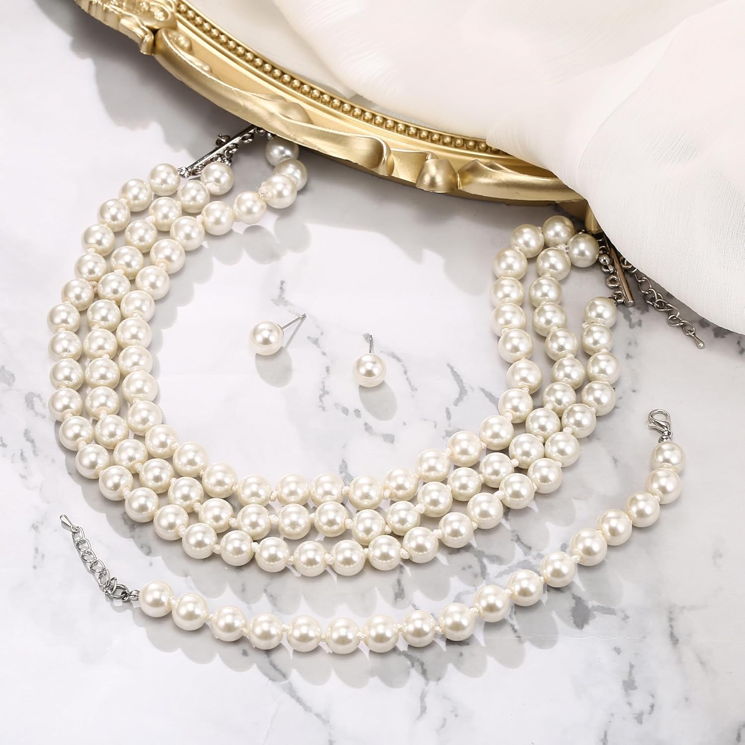 BriLove Elegant Round Cream Simulated Pearl 3 Strand Layered Pearl Choker Necklace Stud Earrings Link Bracelet Jewelry Set for Women Costume Cosplay Party Prom