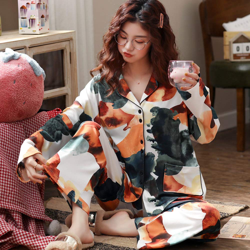 Conjunto De Pijamas De Mujer,Otoño Invierno Conjunto De Pijama De Algodón Con Bolsillos Ropa De Dormir Conjuntos De Salón Coloridos Tops De Manga Larga Y Bottom Pjs Set Nightwear Loungewear,Azul,Xl