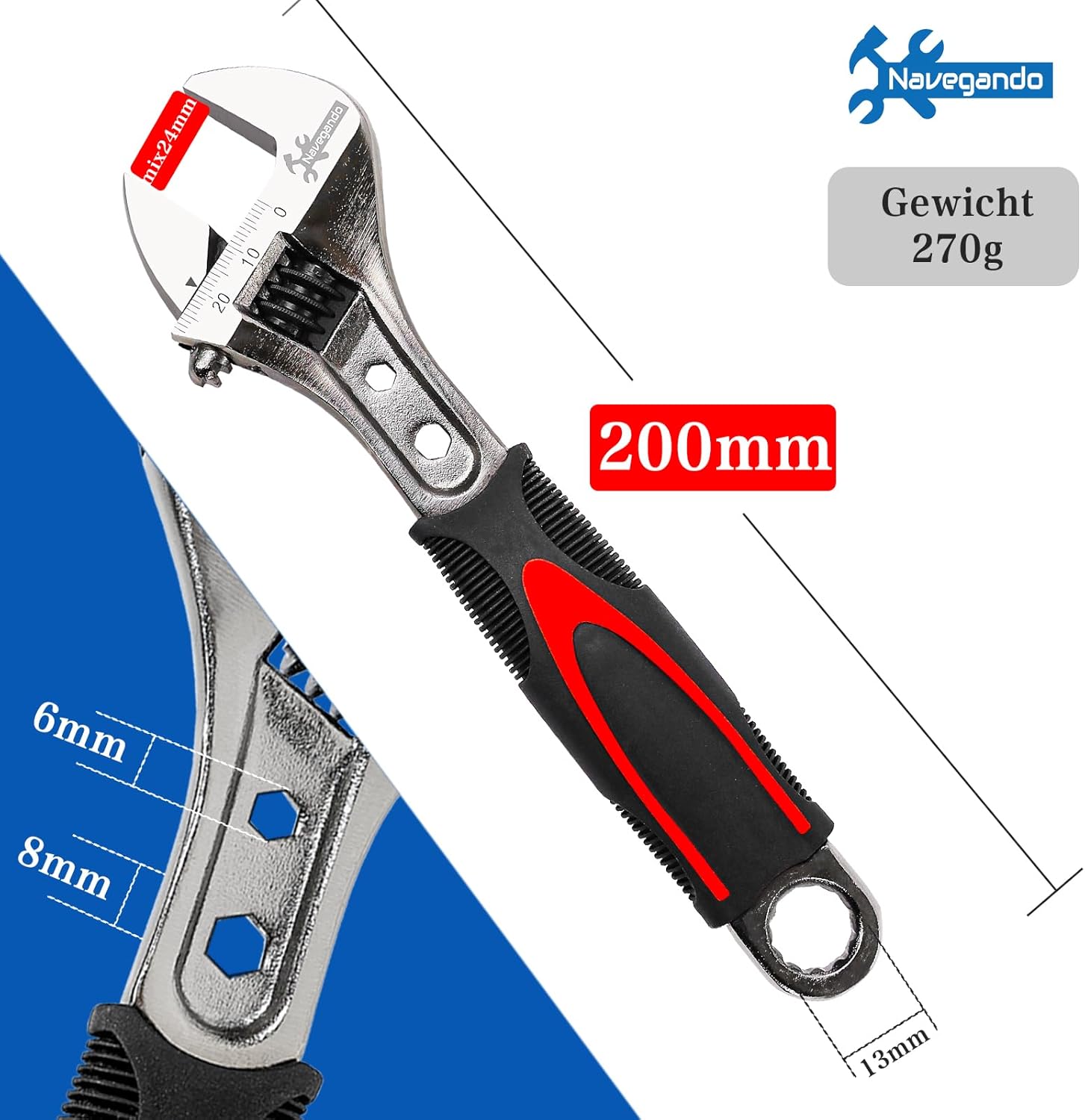 Navegando 8 Inch Adjustable Wrench, Drop Forged High Carbon Steel, 6-24mm Jaw Opening, Non-Slip Grip for Home DIY & Daily Maintenance (200mm)