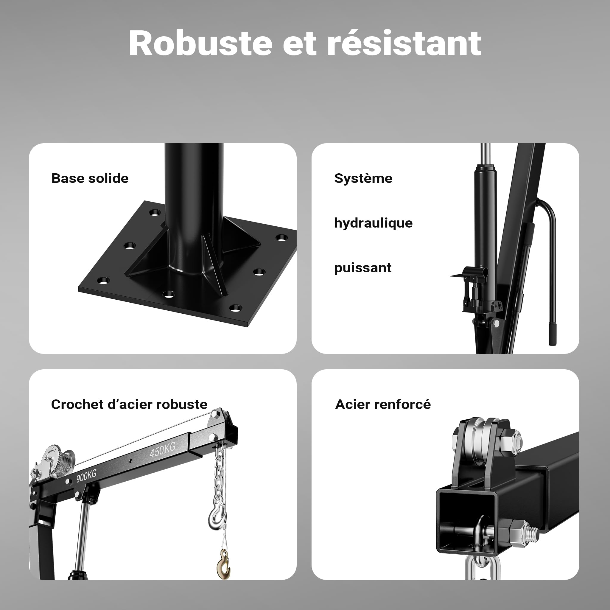 Wiltec Grue de levage de pick-up – Capacité de charge max. de 900 kg – Chèvre mécanique d'atelier avec Socle massif Bras pivotant à 360° et Treuil – Ancrage Fixation au sol et Remorque