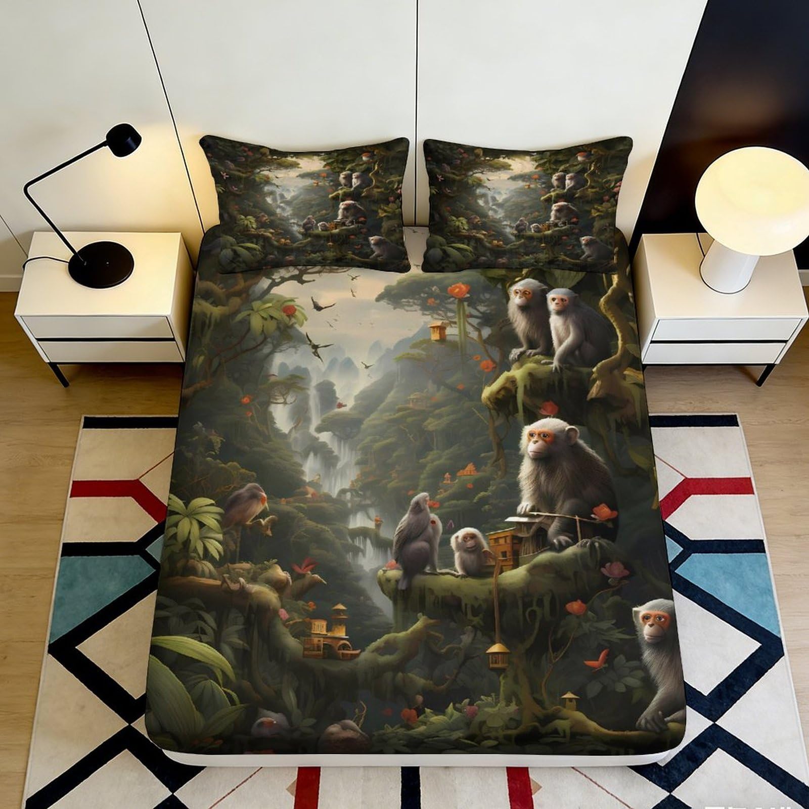 3D Printed Monkey Forest Fitted Sheet Microfiber Soft Breathable Jungle Wildlife Mattress Cover for Bedroom Decor 140x200x25cm