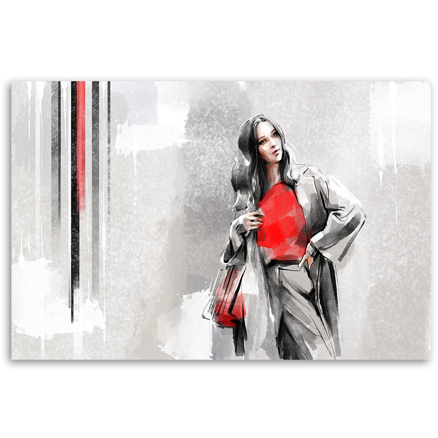 Feeby Bilder 120x80 cm Aquarell Frau 1 tlg Flur Büro Küche Modern Wandbilder Leinwandbilder Bild auf Leinwand Kunstdruck Wand Bild Wanddeko Design Wohnzimmer Geldbörse Abstrakt Rot