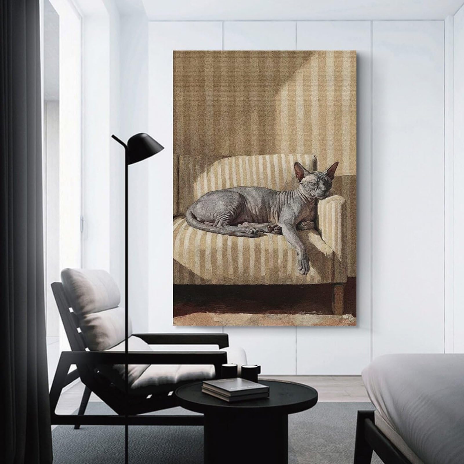 Junmoney Unframe-Style-2 Sleeping Sphynx Cat On Striped Couch Wall Decor Canvas Print, 12X18inch(30X45cm), For Wall Displays, Bedrooms Or Room Updates, Wall Decor Suited To Curated Displays