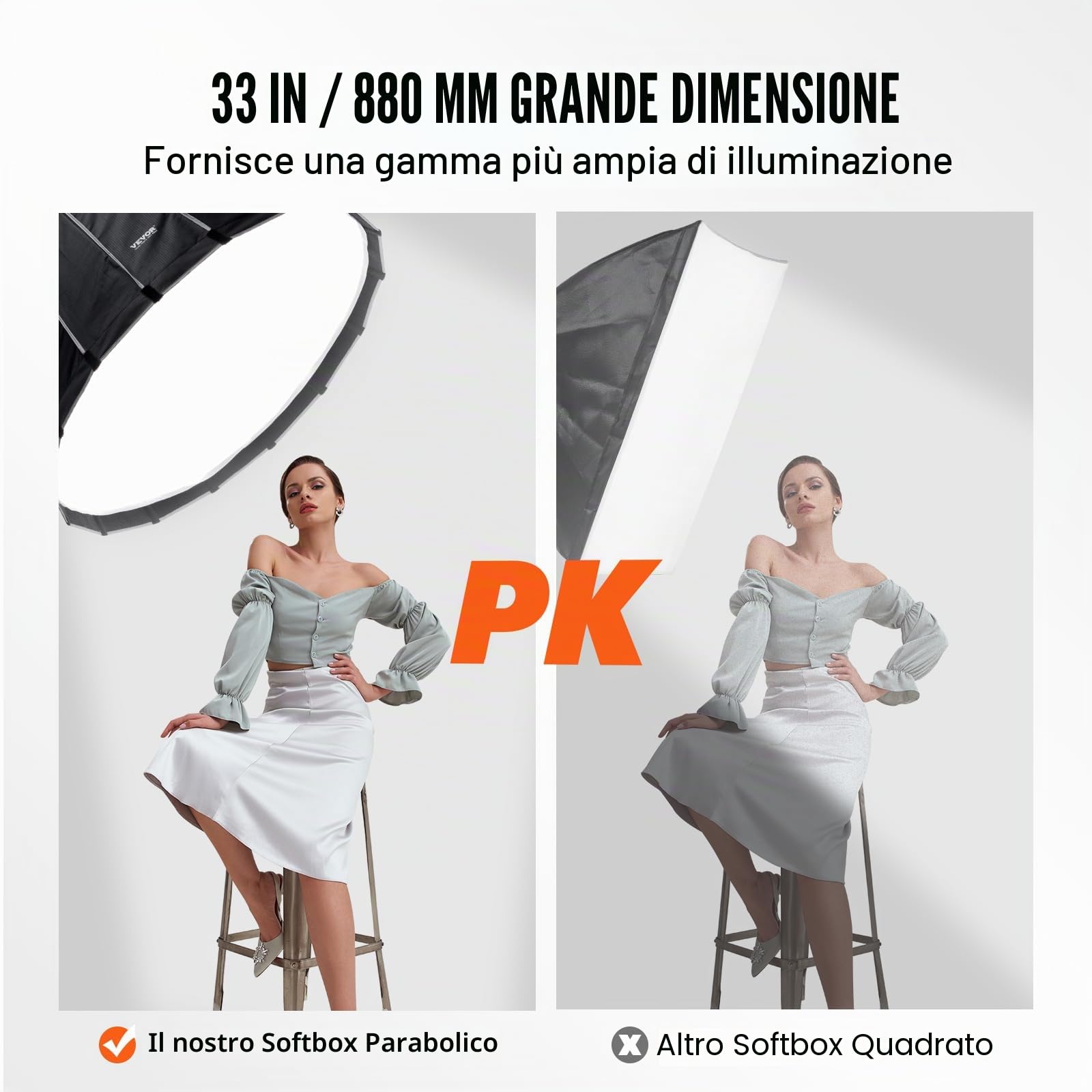 VEVOR Softbox Parabolico 33 pollici / 850 mm Sgancio Rapido Piegatura Rapida Leggero Portatile Attacco Bowens Universale, 4 Effetti di Illuminazione, Adatto per Fotografia Studio Fotografico