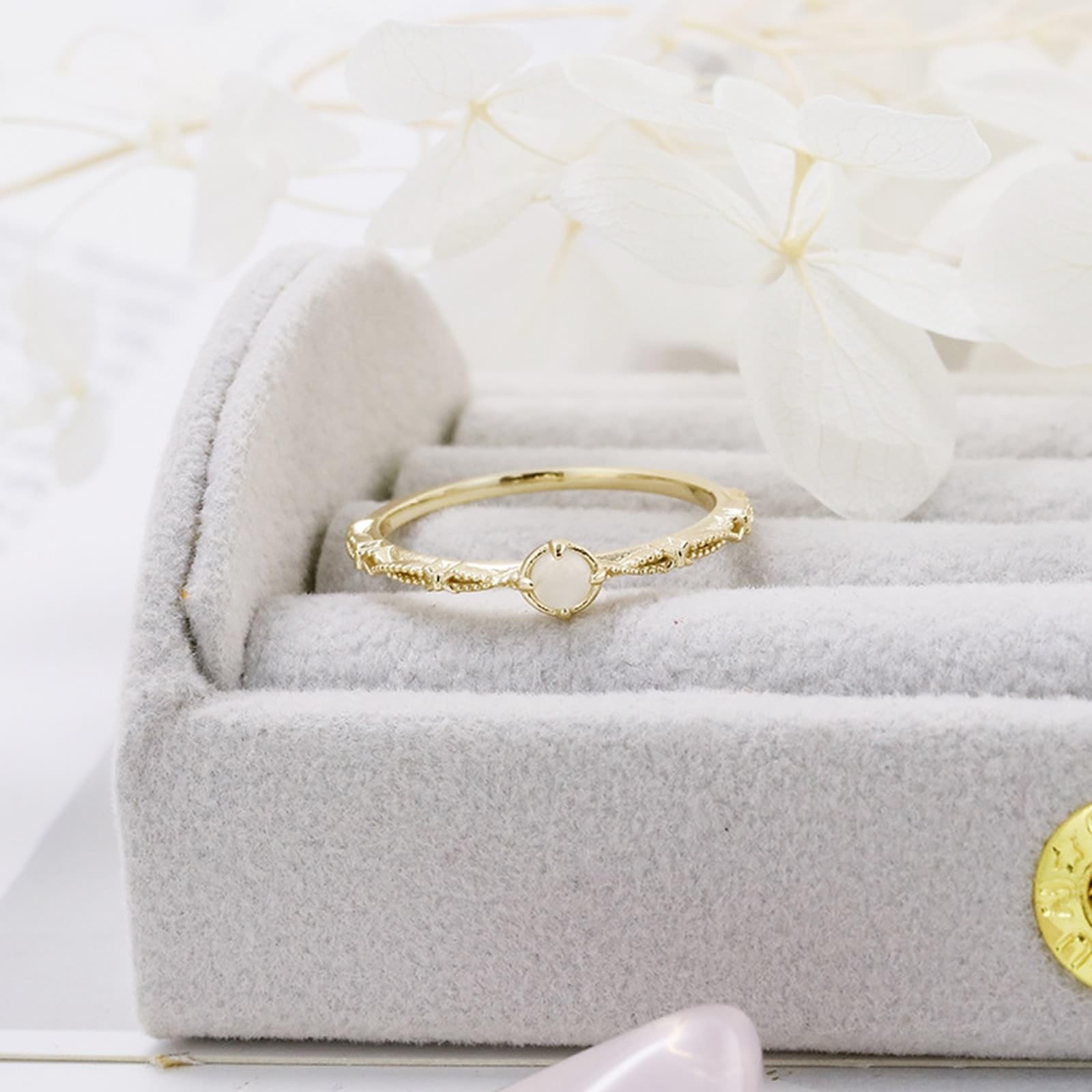 Anillo solitario Au 375/585/750, oro auténtico con piedra lunar, alianzas de boda solitarias