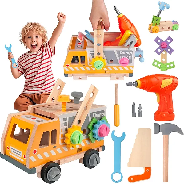 ​Kids Tool Set Toy with Drill Hammer, 38PCS Wooden Truck Boy Tool Set Construction Sensory Kit STEM Learning Toys, Montessori Pretend Play Boy Girls Kids Birthday Gift​ for Toddlers 1 2 3 4 5 6