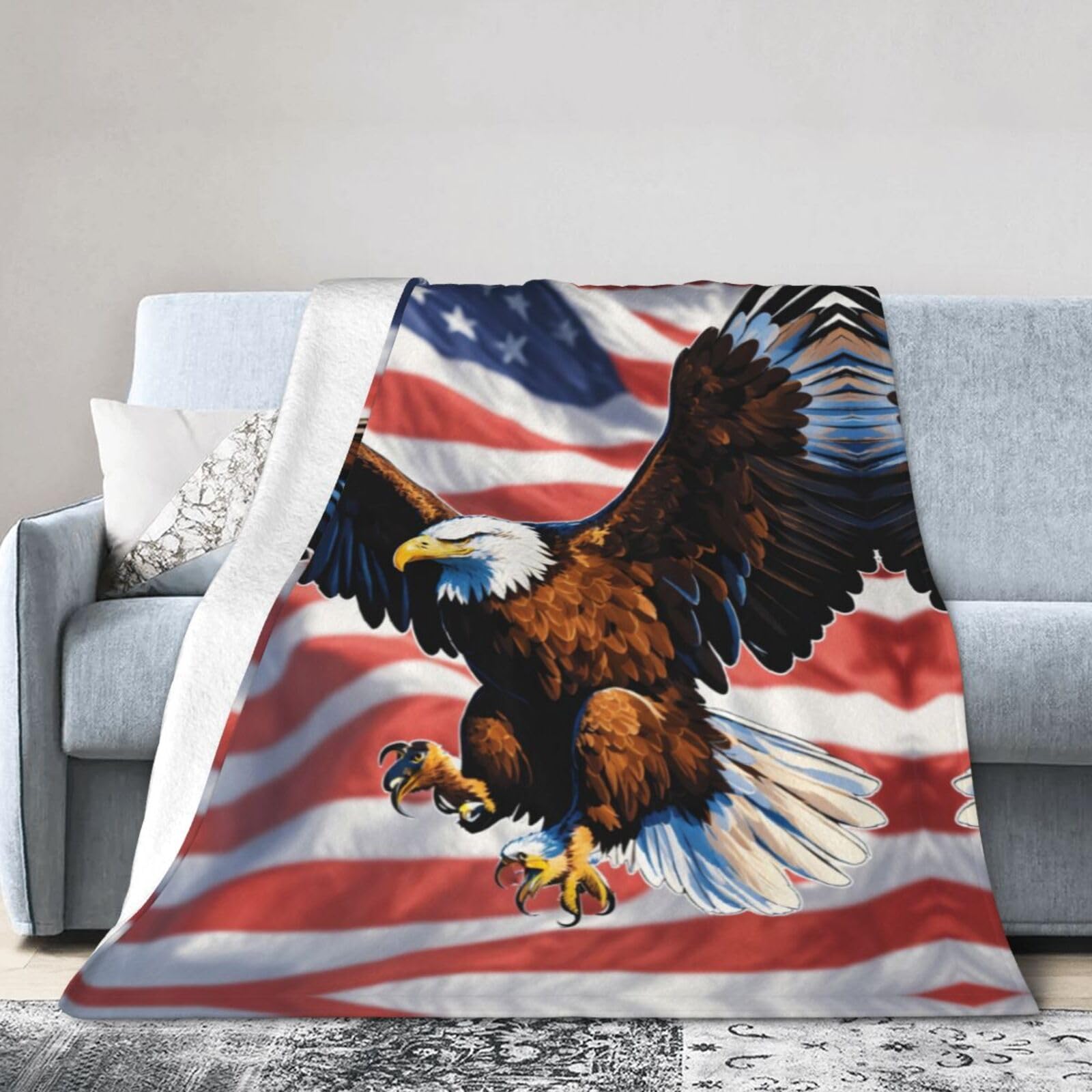 Couverture de voyage en flanelle cadeau aigle drapeau USA pour camping