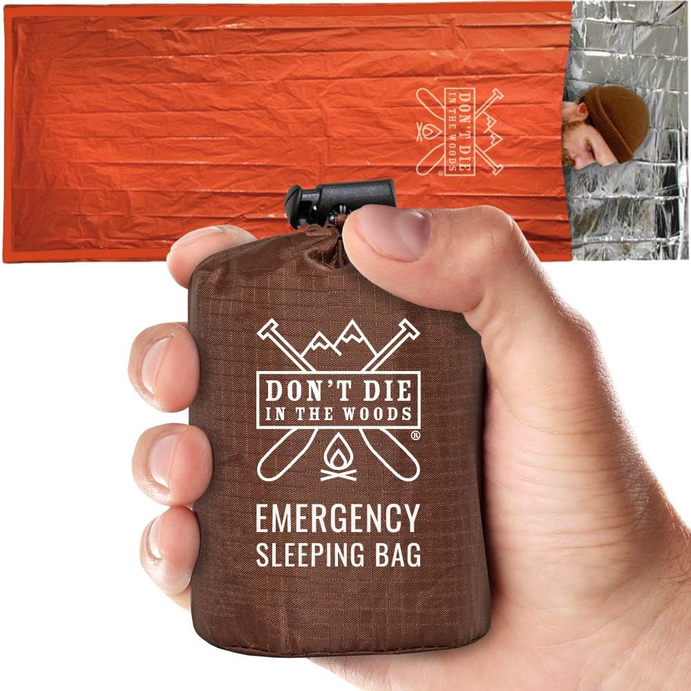 Don’t Die in The Woods - Emergency Sleeping Bag with Hood - Made with Extra Thick Thermal Mylar - 10 Essentials Hiking Camping Blanket, Survival Gear Tactical Car Disaster Bug Out First Aid Kits
