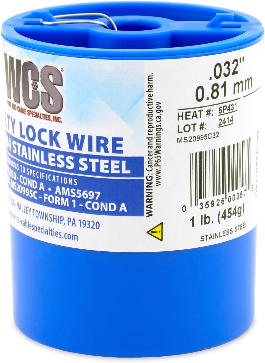 Wire and Cable Specialties MC0320-1#D .032" Safety Lockwire (MS20995C32 0.81 mm, 1 lb 0.45 kg Disp, appx 362 ft 50 m)