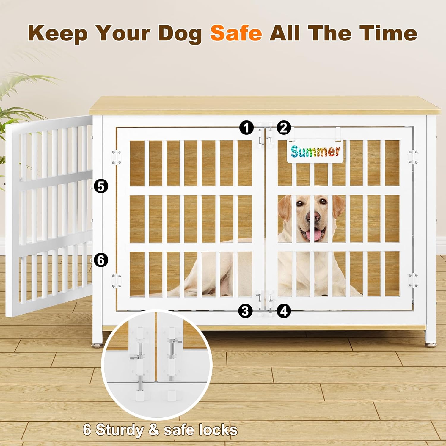 Close-up of the EasyCom dog kennel's double doors with multiple slide locks, showing a dog inside.