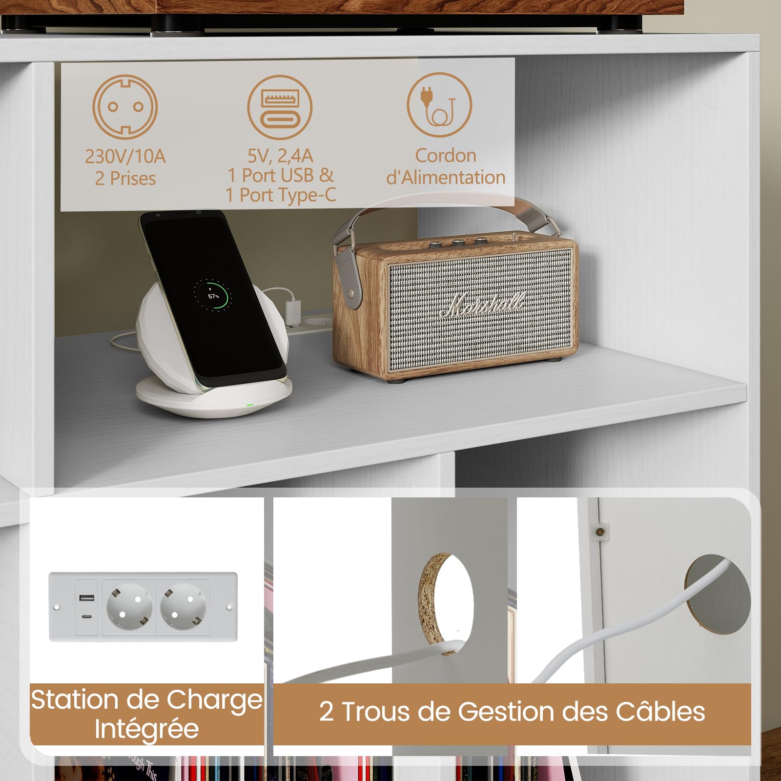 COSTWAY Meuble Rangement Vinyle pour Albums, 6 Compartiments, Rangement CD DVD Manga, 5 Pieds en Métal, Support pour Tourne-disque, Meuble Hifi, Bibliothèque Basse (Blanc,Avec prise)