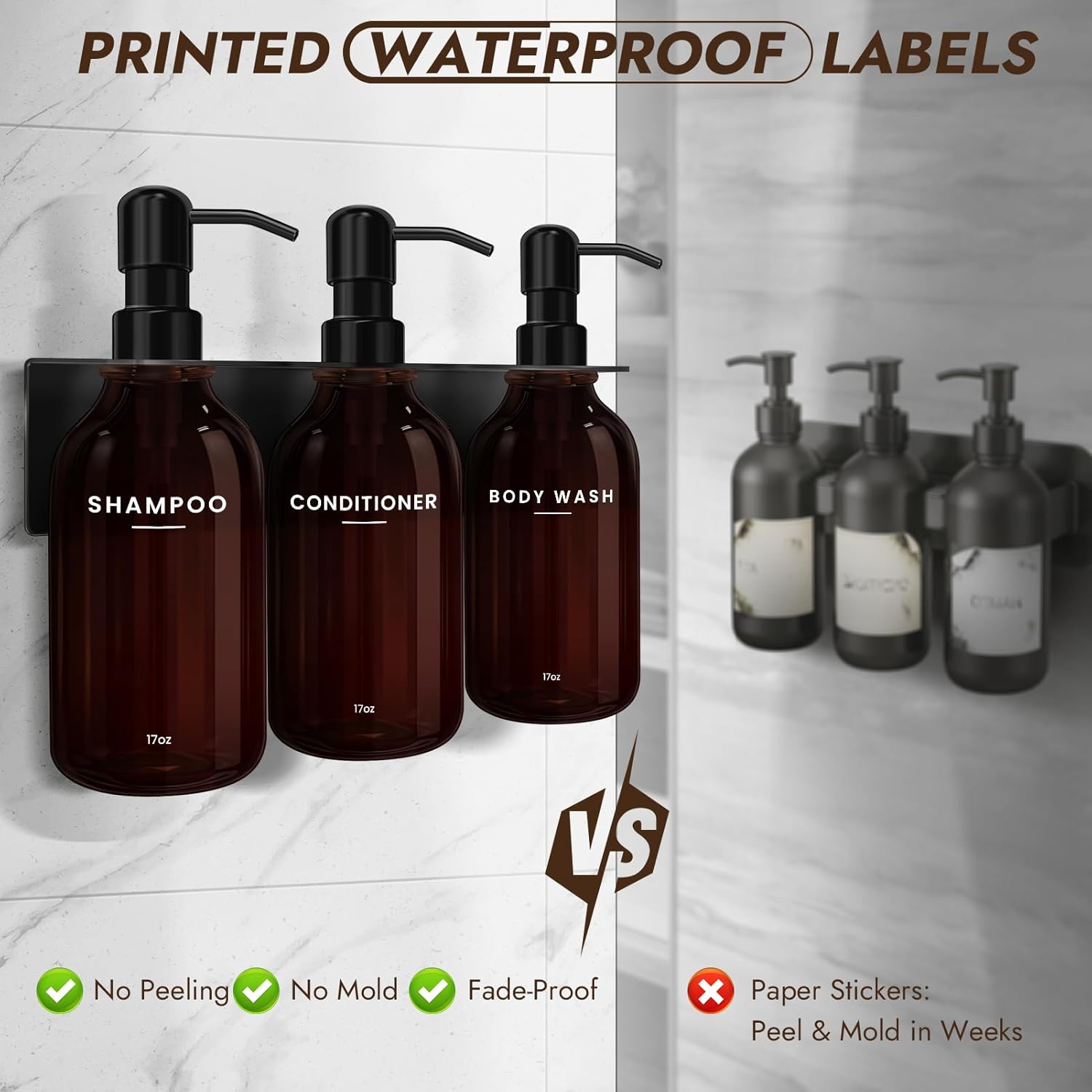 KOUCHU Shampoo and Conditioner Dispenser - Wall Mounted Shower Soap Dispenser - 17oz No-Drill Refillable Plastic Pump Bottles for Bathroom Kitchen - Includes Soap Dish and Hook (Dark Brown)