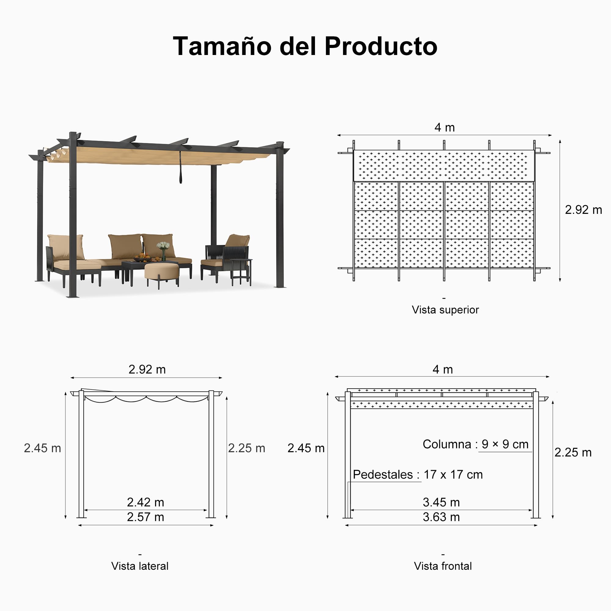 PURPLE LEAF Pergolas de Jardin Aluminio Cenadores para Jardin 3 x 4 M pérgolas con Techo Retráctil Tela para Camping Fiesta Celebraciones, Caqui