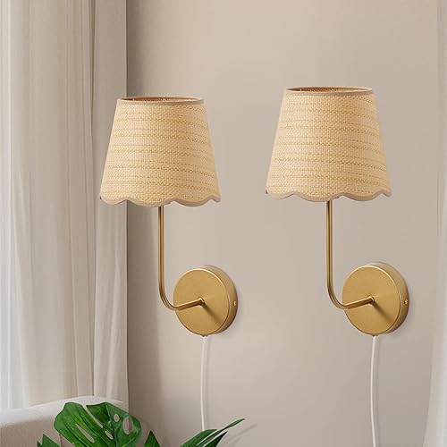 Miniatura 9 de Juego de 2 apliques de pared de ratán bohemios, enchufables de mimbre tejido a mano, latón antiguo, acabado de pintura, sombra de flores, para