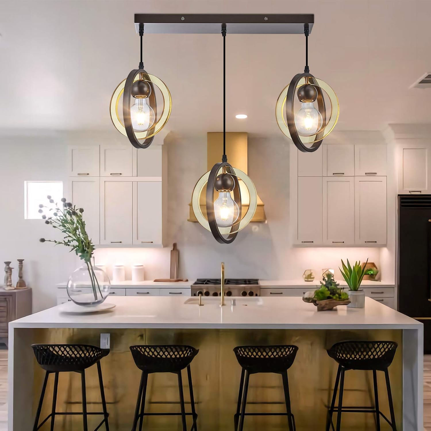 Exclusive Discount 70% Price 3-Light Modern Pendant Lighting for Kitchen Island, Hanging Ceiling Light Fixture with Acrylic Ring Lampshade, Farmhouse Chandelier for Dining Room and Bar