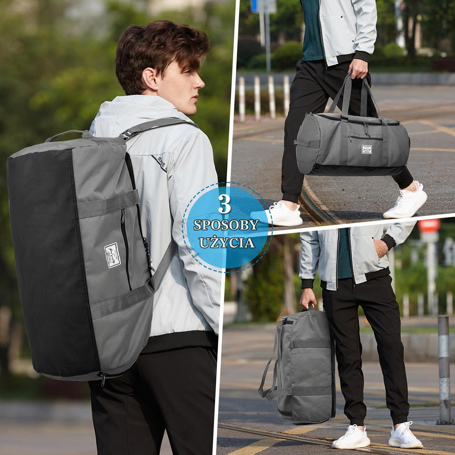 Torba sportowa, męska, duża, 60 l, torba podróżna, plecak z kieszenią na buty, torba treningowa, damska torba fitness, szary, 60L, Sport, podróże, fitness, siłownia