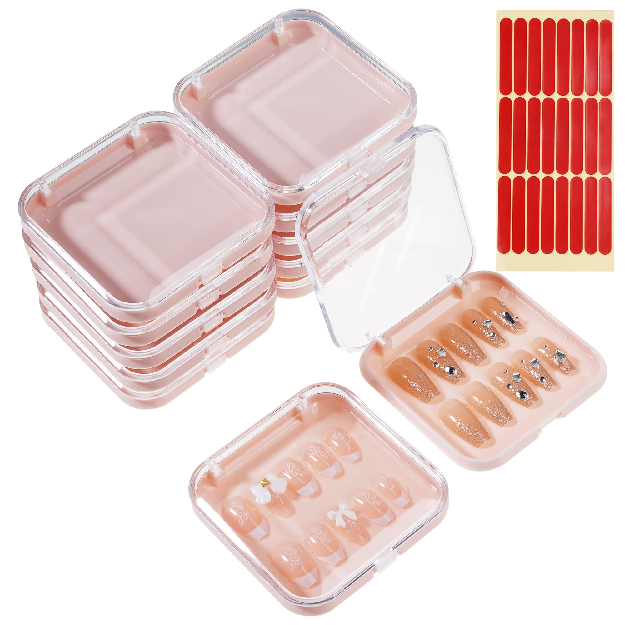 TERRIFI 12 Pcs Press On Nail Storage Box, 3.3 x 3.3in Empty Plastic Nail Tips Storage Case, Fake Nails Packing Cases with Tape Pink Nail Display Box for Home DIY, Nail Salon