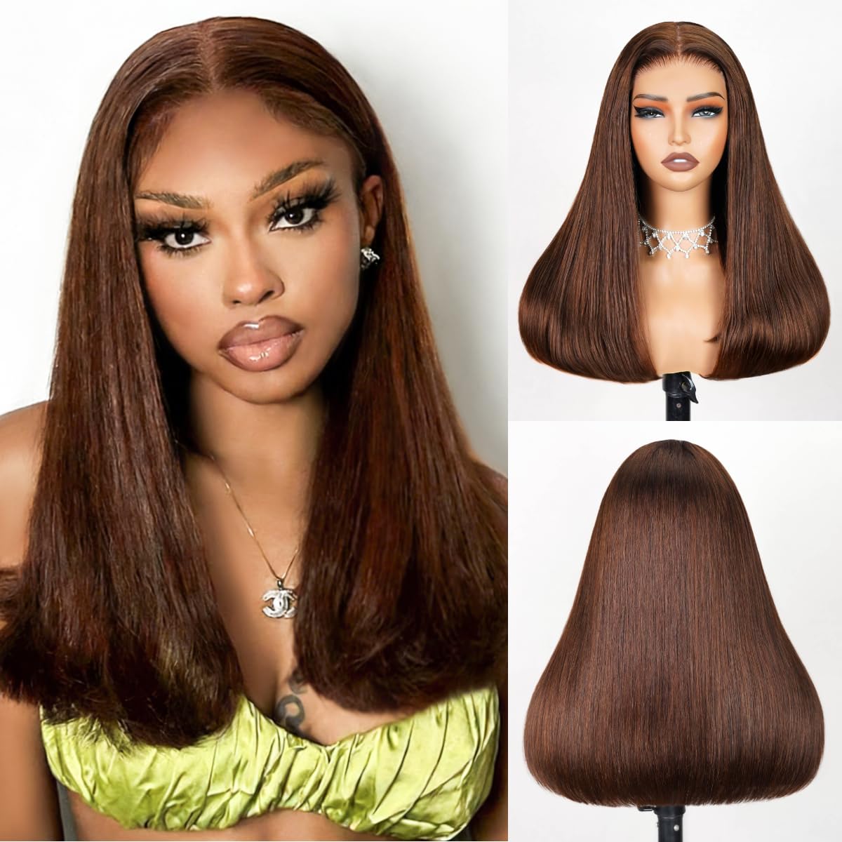 Arabella Glueless Wigs Human Hair 5x6 Chocolate Brown Wig 230% Density Pre Plucked Bleached Pre Cut Wig 12A Real Blunt Cut Drouble Drawn Wigs 16inch Chocolate b