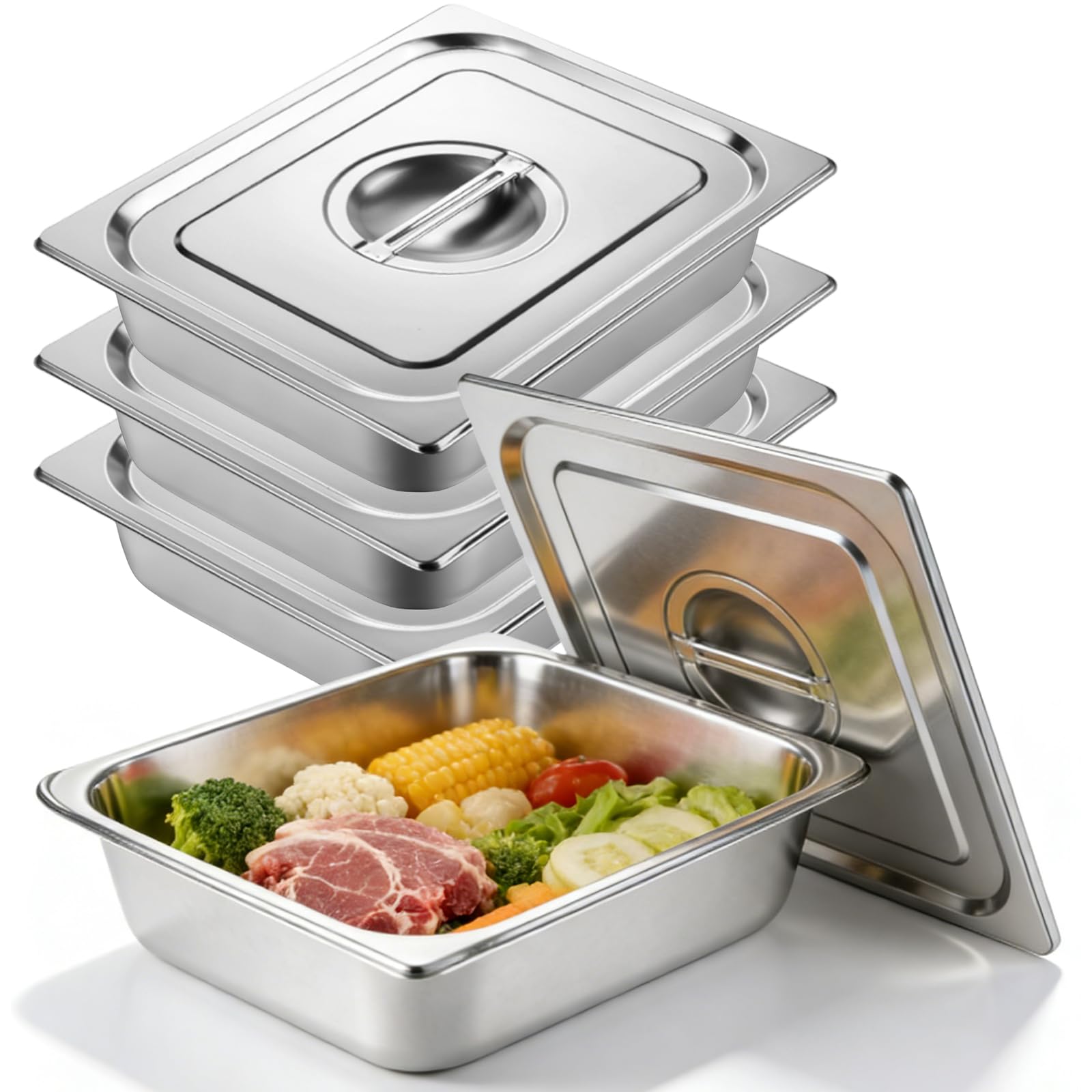 3 Pièces Bac Gastronorme, Bac Inox Alimentaire avec Couvercle, Plat Inox Barbecue, Plat Rectangulaire pour Mariner Viande, Escalopes, Empilable Set à Panure, Récipient pour Cuisine 32,5x26,5x6,5cm