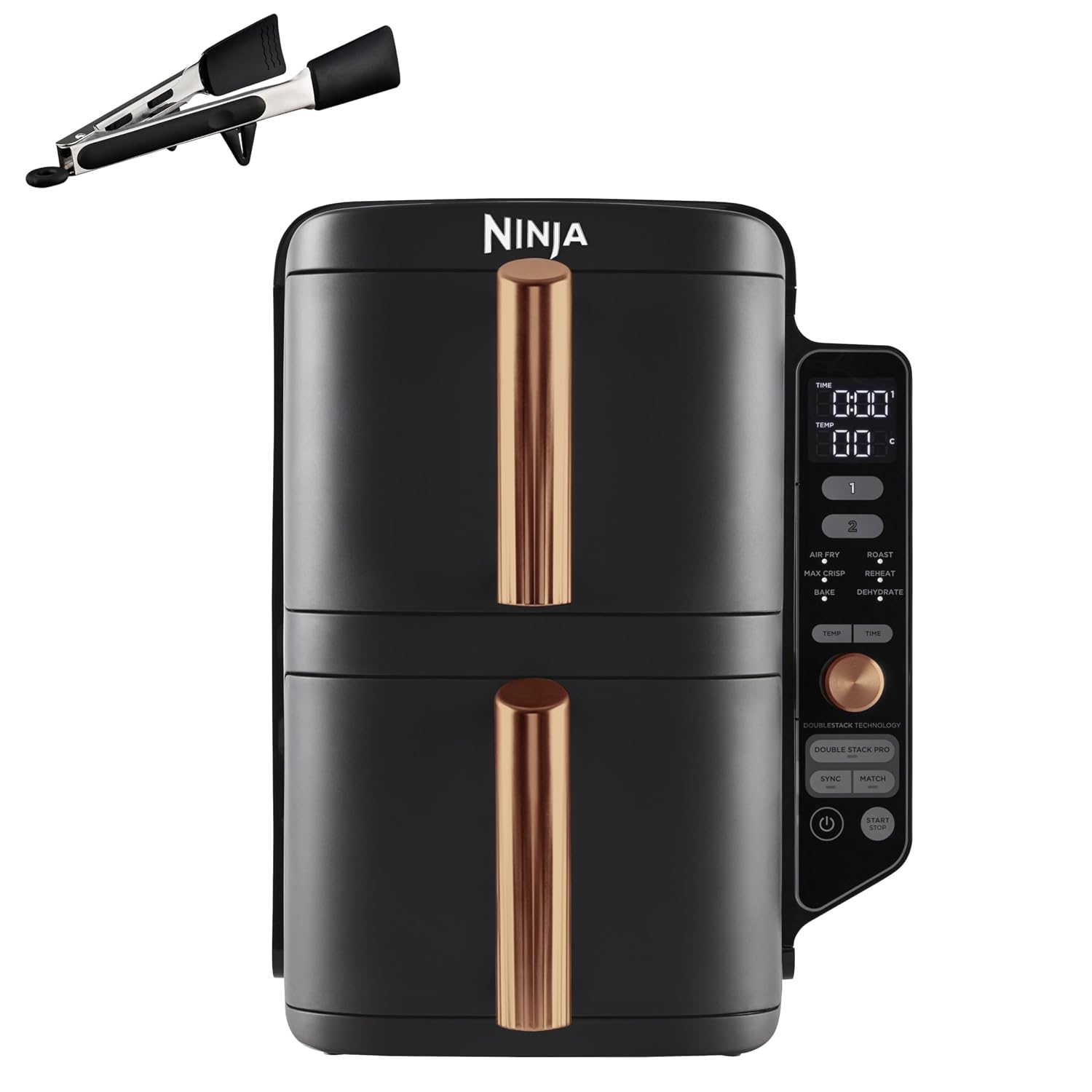 Ninja Double Stack XL Hot Air Fryer, 2 Vertical Drawers, 4 Cooking Levels, 2 Slots, Space Saving Design, 9.5L Capacity, 6 Functions, 8 Servings, Tongs, Black/Copper SL400EUCP