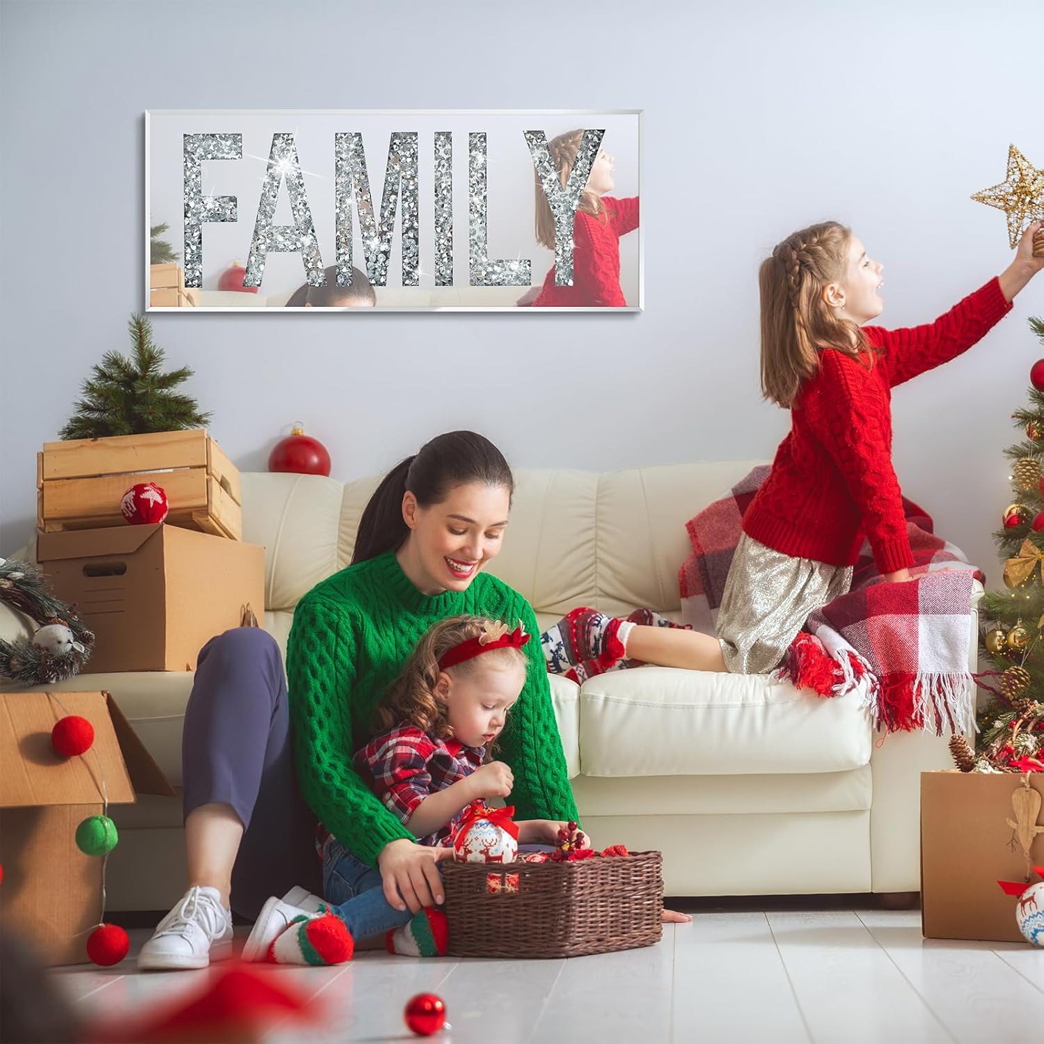 Anewsun Family Sign Wall Decor, Glass Family Signs with HD Mirror Image and Crystal Diamond, Framed Wall Pediments For Home Decor Aesthetic And Minimalist Wall Art (Glass)