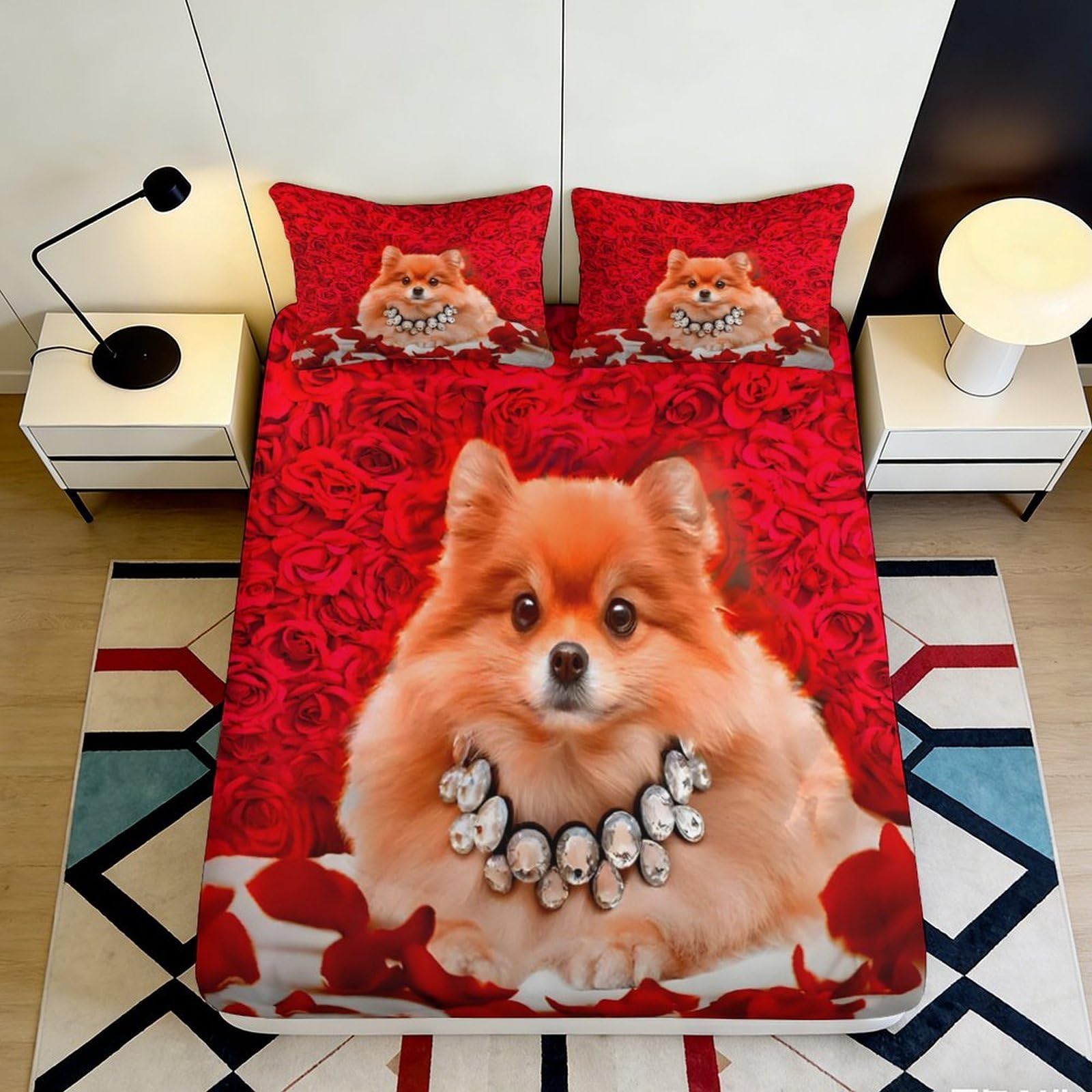 3D Printed Red Pomeranian Fitted Sheet Microfiber Soft Decorative Dog Bed Sheet for Bedroom Guest Room Mattress Cover 90x200x25cm
