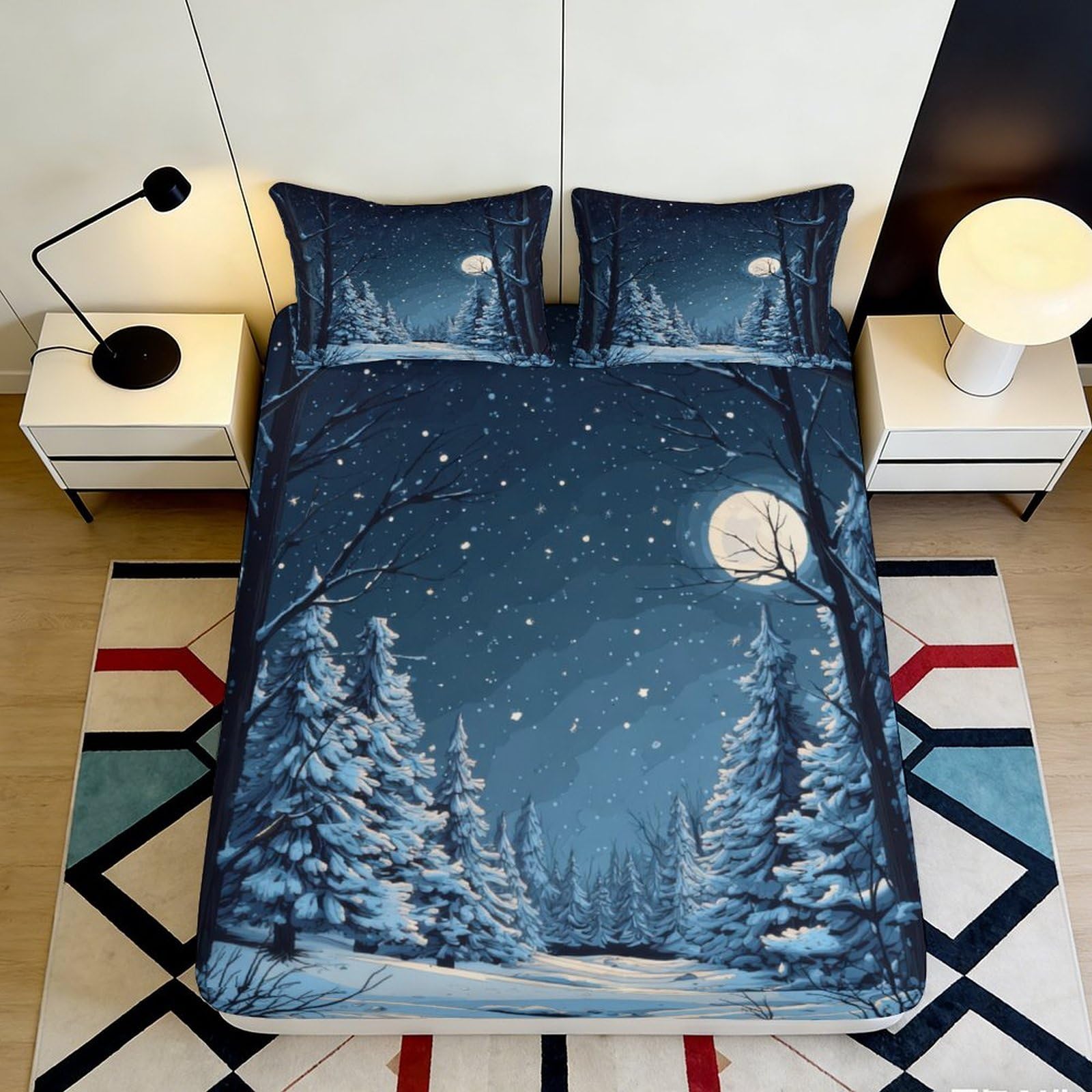 Pnayamiorkfel Style-5 3D Printed Winter Moon Forest Fitted Sheet Microfiber Soft Breathable Snow Night Mattress Cover For Bedroom Decor 90X200x25cm