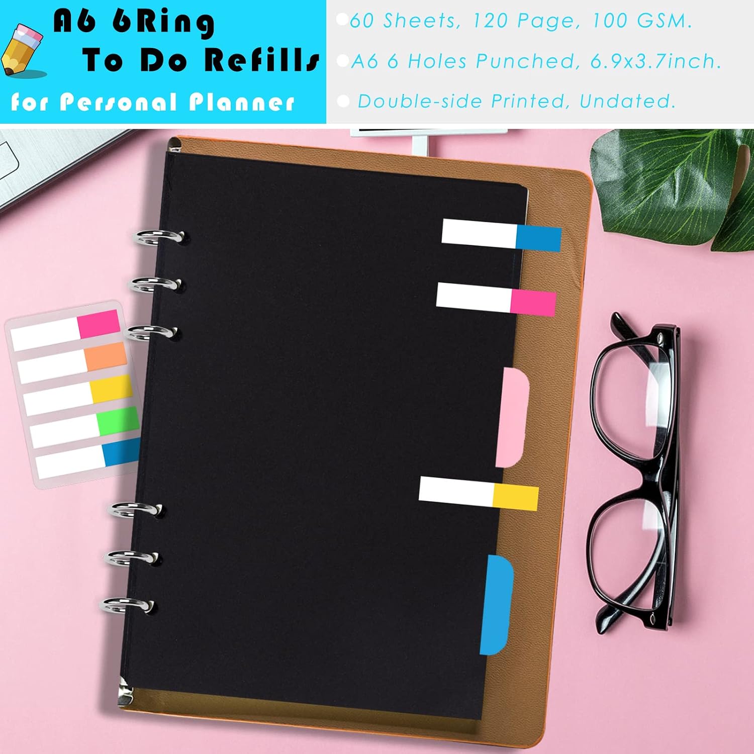 Rancco A6 Planner Inserts 6 Rings Planner Refills Set, 60 Sheet Black Blank To Do List Loose Leaf Paper w/Zipper Pouch, Binder Dividers, Ruler, Index Tab for Journal, Double-sided, Undated, 6.8x3.7in image 4