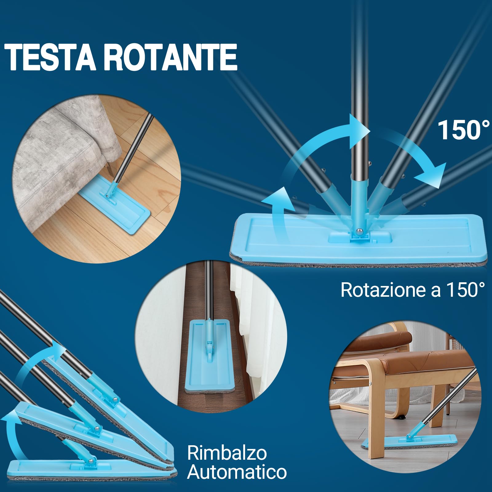 MASTERTOP Mocio Lavapavimenti e Secchio Strizzatore, Mocio Piatto Rotante e Piccolo Secchio Autolavaggio, Mop a Mani Libere in Microfibra, con 3 Tamponi Riutilizzabili (Blu Chiaro)