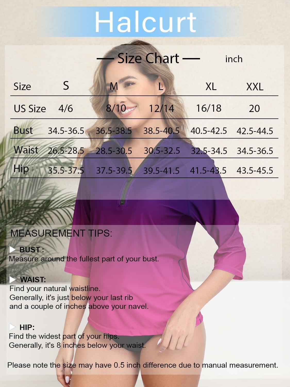 Halcurt Women's 3/4 Sleeve Rash Guard Swimsuit Top High Neck Half Zip Swim Shirt Only UPF50+ Quick Dry Bathing Suit