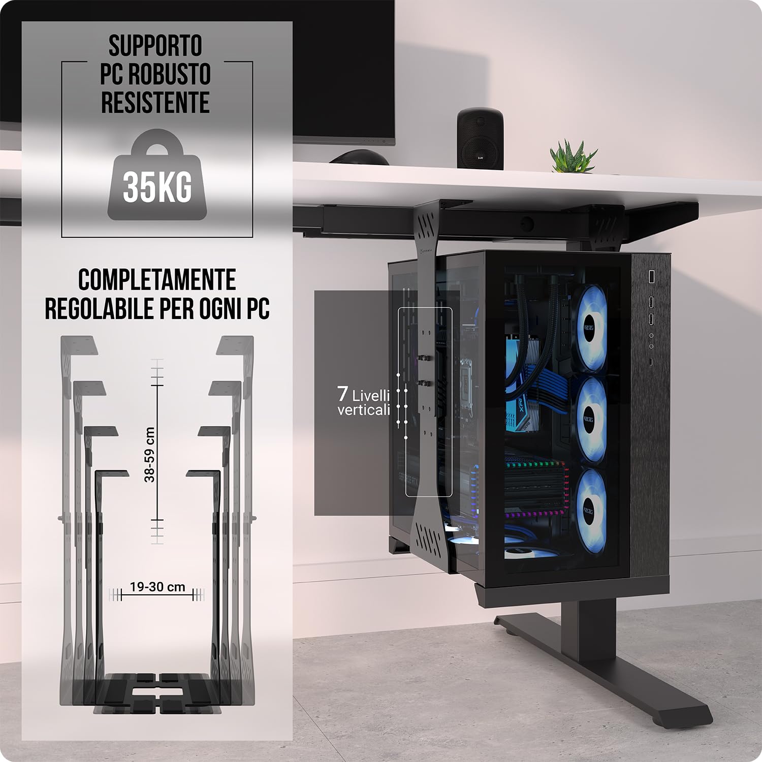 Carico pesante supporto PC scrivania – Fino a 35 kg – Personalizzabile staffe per pc - Supporto computer scrivania - Supporto case pc - Porta pc fisso (nero)
