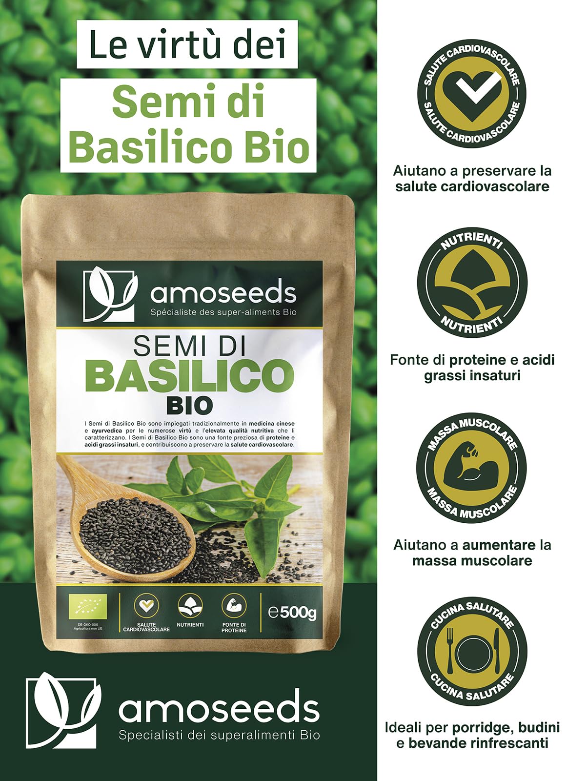 Semi di Basilico Bio 500G | Sazietà, Rinfrescanti, Ricchi di Proteine | Simili ai semi di Chia | Qualità Superiore