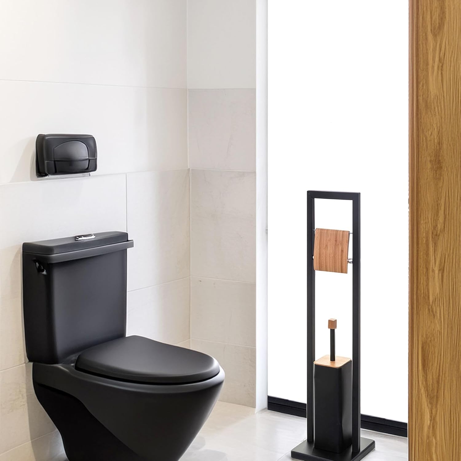 Well Home Natureo Toilet Roll Holder with Toilet Brush Holder, Black, 20 x 60 cm