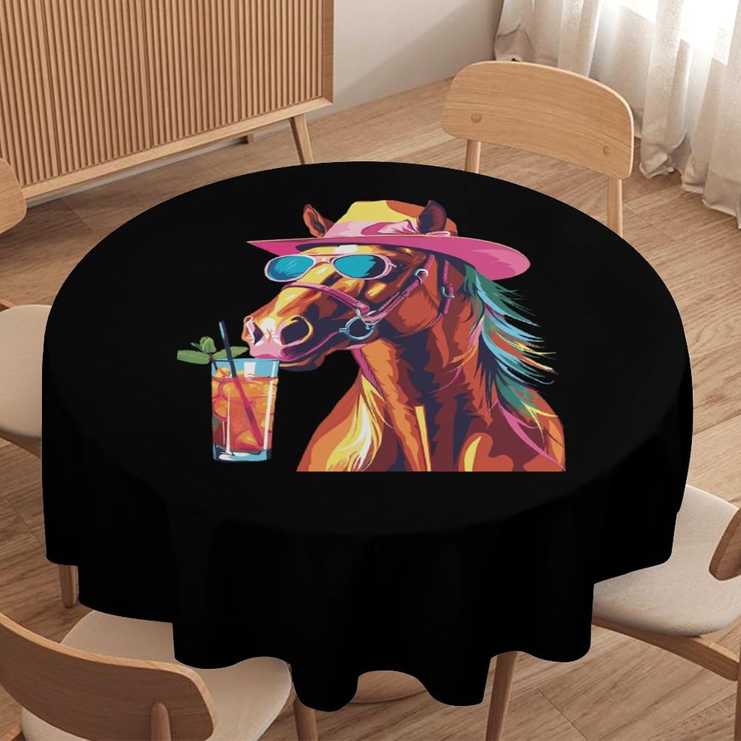 Funny Horse Beach Party Table Cloth Round Cover Tablecloth Washable Tabletop Decor 60 Inch
