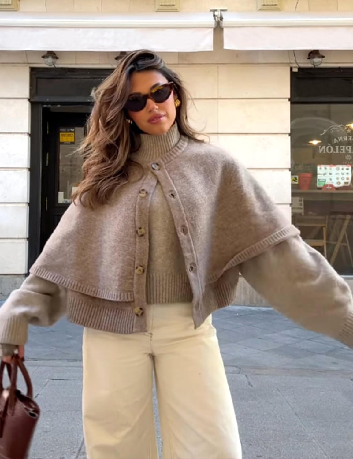 Womens Fall Knit Cape Cardigan Cropped Button Down Short Sleeve Shawl Sweater - Image 8