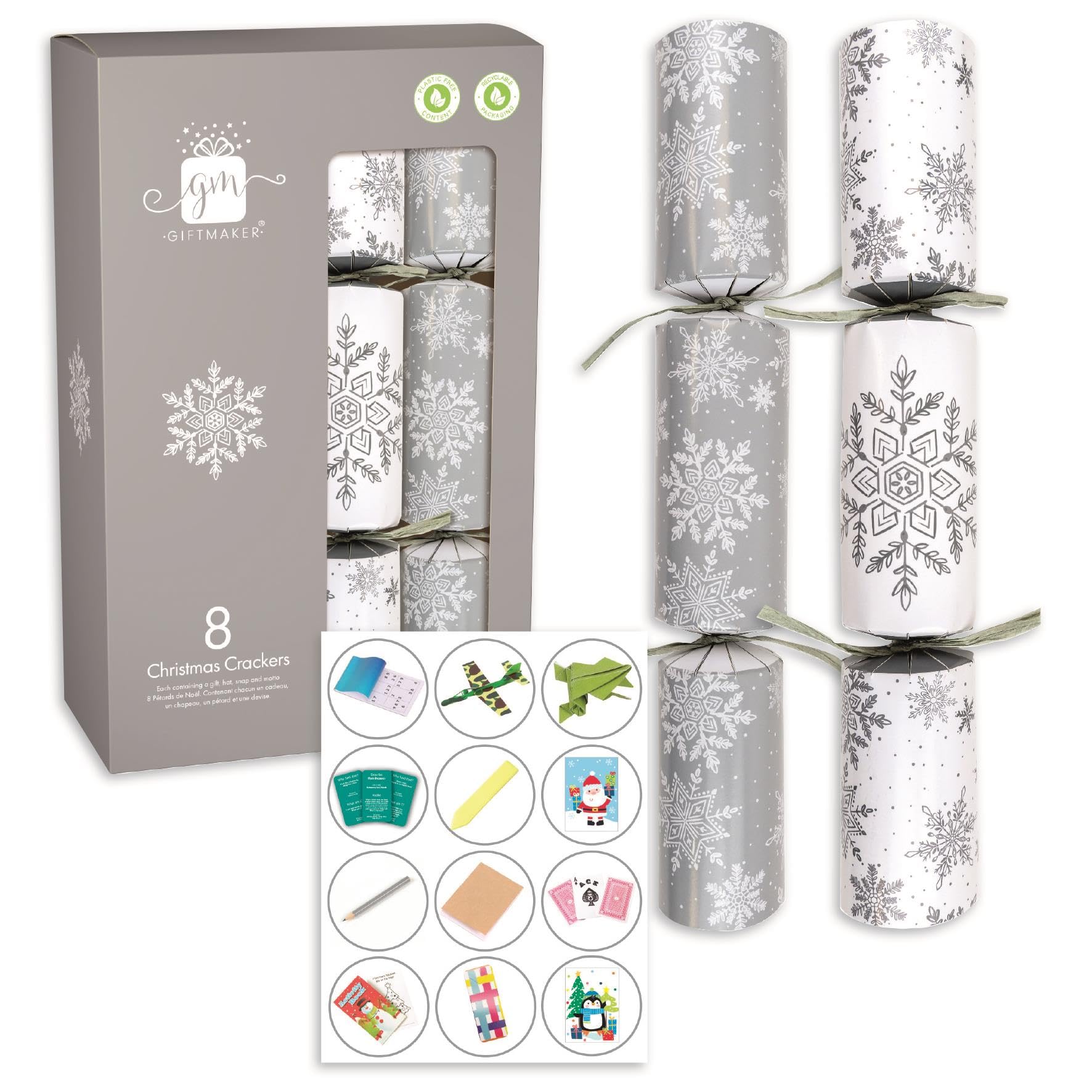 Giftmaker Pack 8 Silver & White Snowflake Novelty Family Christmas Crackers 29cm
