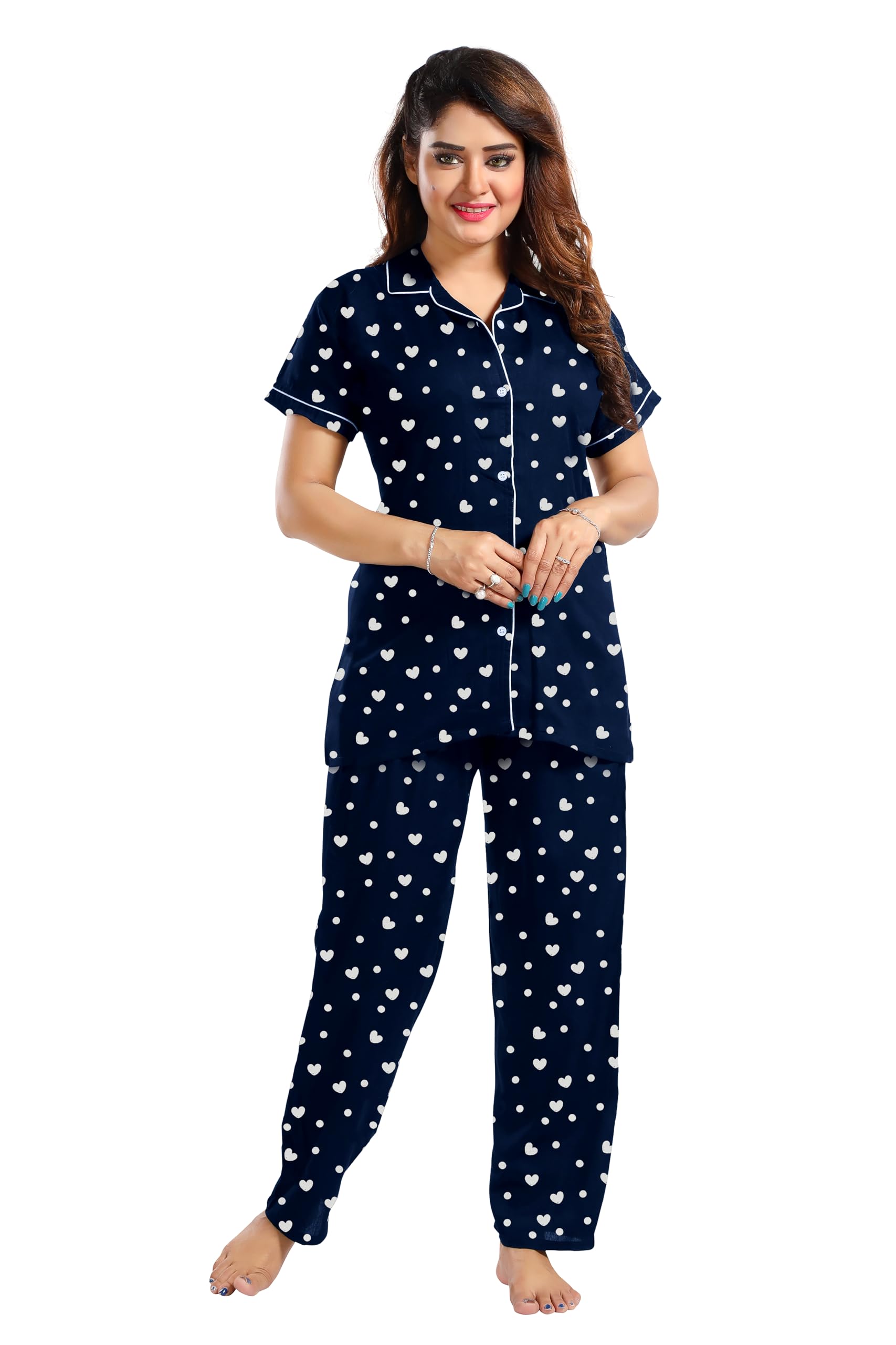Women's Rich Cotton Fabric Printed Heart Design Night Suit Set of Shirt & Pyjama Comfortable and Breadthable Loungewear for Nightwear Or Sleepwear (Set of 1)